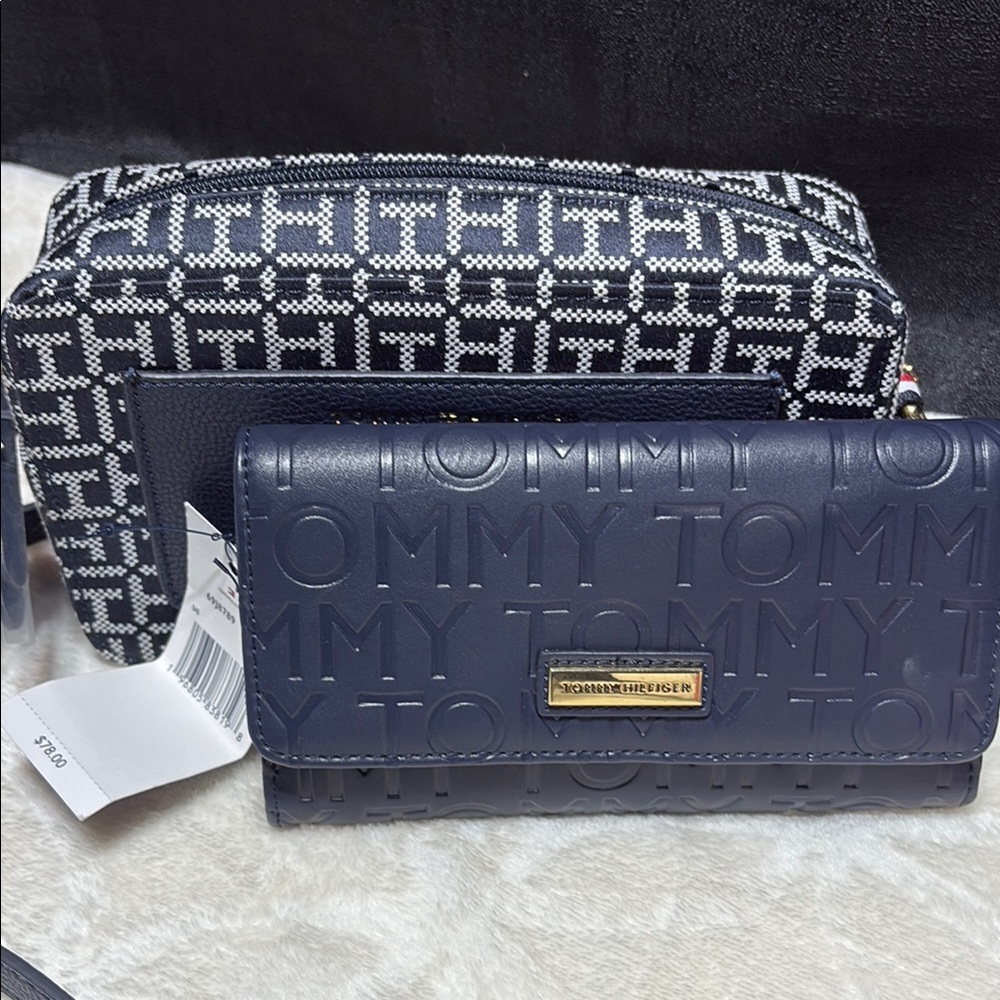 Tommy Hilfiger Embossed Navy Wallet and Monogram Pouch